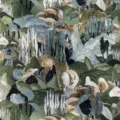 Tessuto jacquard di lusso con motivo paesaggistico astratto per divani e cuscini - Verde foresta (Paesaggio astratto) / Larghezza 142cm