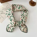 Close-up of floral cotton scarf with dark green lace trim and vintage leaf print - Red Stamen Khaki Green / 68*68cm