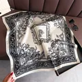 Close-up of French retro floral square scarf with intricate black and white patterns - Square Scarf / Graceful Leaves (Botanical Floral)