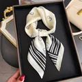 Detailed view of French retro silk scarf with horseshoe patterns and black stripes - Square Scarf / Elegant White (Horseshoe Stripe Print)