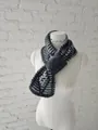 Gray striped knitted cross scarf displayed on a white mannequin with a brick wall - 80cm / Gray