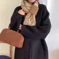 Cozy brown and white striped knitted pull-through scarf ideal for winter fashion outfits - 80cm / Khaki Camel