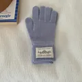Cozy light blue knitted winter gloves with vintage style fabric patch detail. - One Size / Blue and Purple