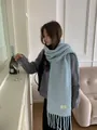 Close-up of a cozy light blue wool scarf with long tassels in a stylish minimalist room - Light Green