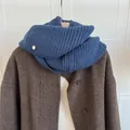 Warm blue chunky knit snood with decorative metal tag for winter neck protection - Extended Loop Style (SY) / 138cmx23cm / Dark Blue