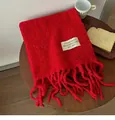 Vibrant red thickened wool scarf featuring elegant tassels and a designer fabric label - Red
