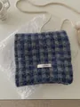 Blue checkered knitted neck warmer scarf with cream tie straps for women winter accessories - Blue Coffee