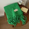Thick green wool scarf with fringe tassels and vintage woven brand label for winter - Green