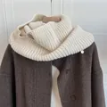 Thick cream knitted snood with metal tag for winter warmth and soft ribbed texture - Extended Loop Style (SY) / 138cmx23cm / Off White