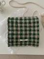 Cozy green checkered knit wool scarf with soft fuzzy texture and woven label. - Matcha Green