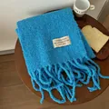 Soft electric blue thick wool scarf with stylish fringe and woven brand label detail - Peacock Blue