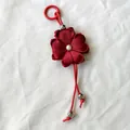 Handmade wine red ribbon flower keychain with pearl center for stylish bag charms - Red