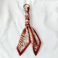 Floral print silk scarf keychain with gold ring, forest style bag accessory. - Style 1 (1) / Reddish Brown Fern Print
