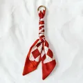 Elegant red and white argyle pattern silk scarf keychain with a golden metal ring pendant - Style 3 (3) / Red and White Rhombus Pattern