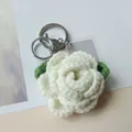 Handmade crocheted white rose flower keychain with green leaves for school bag charms - White