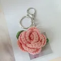 Handmade crocheted pink rose flower keychain charm with green leaves - Pink