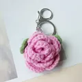 Hand-knitted pink crochet rose keychain with leaves for bag charm and gift - Rose Red