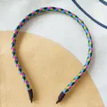 Skinny colorful braided leather headband with vibrant pink, blue, and green strips - No. 1 (TG-001 Headband) / Pink Green Blue Black Patchwork