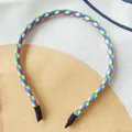 Thin braided leather headband in vibrant multi-color weave with non-slip black tips - No. 2 (TG-001 Headband) / Pink Blue Green White Patchwork