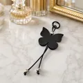 Porte-clés papillon en similicuir noir avec perles argentées élégantes - Noir