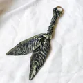 Forest style botanical leaf print silk scarf keychain charm with golden metal ring - Style 5 (5) / Deep Green and Black Fern Print