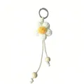 Porte-clés fleur en crochet blanc fait main avec perles en bois pour accessoire de sac - Blanc