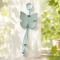 Charming mint green leather butterfly keychain with silver beads and a circular clip - Blue
