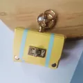 Vintage yellow leather mini bag keychain with light blue stripes and gold clasp - Yellow