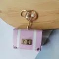 Retro pink and white striped leather small bag keychain with gold-toned metal hardware - Light Purple