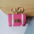 Retro pink and white striped leather mini bag keychain pendant with gold clasp - Rose Red