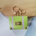 Retro lime green leather bag keychain with purple stripes and golden clasp pendant - Grass Green