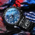 Men's waterproof sports watch with blue dial and black stainless steel band with calendar - Black Steel Strap Style / Blue