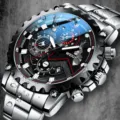 Premium stainless steel waterproof men's sport watch with black chronograph dial and date - Silver Steel Strap Style / Black