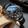 Men's sport watch with black leather strap and red stitching details - Black Leather Strap / Black