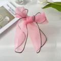 Elegant pink organza bow scarf hair tie with delicate black piping decorative edges - One Size / Pink