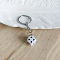 Creative small white acrylic dice keychain with black dots for DIY bag accessories - White