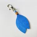 Bright blue faux suede leaf keychain with silver lobster clasp for bag decoration - Sapphire Blue
