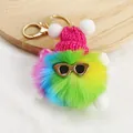 Macro view of a colorful rainbow plush keychain wearing a pink hat and sunglasses - No. 1