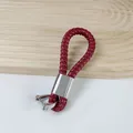 High-quality dark red braided PU leather car keychain with silver metal horseshoe buckle - Burgundy