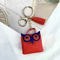 Porte-clés hibou mignon en cuir rouge avec pendentif gland pour sacs et accessoires de clés - Rouge