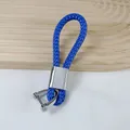 Premium braided blue PU leather car keychain with a silver horseshoe buckle clasp - Sapphire Blue