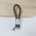 Army green braided PU leather car keychain with silver horseshoe buckle accessory - Army Green
