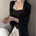 Elegant black lightweight sunscreen shawl with button closure for summer office wear - One Size / Robe / Black