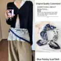 Elegant navy blue paisley silk scarf used as a stylish decorative waist belt accessory - Navy Color-Block Paisley