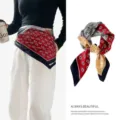 Detail of a paisley print silk scarf worn as a waist belt and neck accessory for styling. - Retro Color-Block Paisley