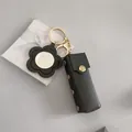 Élégant étui à rouge à lèvres en cuir noir avec porte-clés miroir fleur et boîte cadeau - Sac à Rouge à Lèvres Avec Miroir / Noir