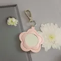 Pink flower-shaped PU leather keychain with built-in portable makeup mirror - Pink-Silver Buckle