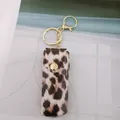 Leopard print PU leather lipstick holder keychain with golden hardware accessories - Khaki