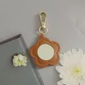 Floral PU leather keychain with built-in portable mini cosmetic mirror in brown finish - Coffee-Gold Buckle