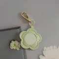 Creative mint green flower-shaped PU leather keychain with built-in portable makeup mirror - Grass Green-Gold Buckle